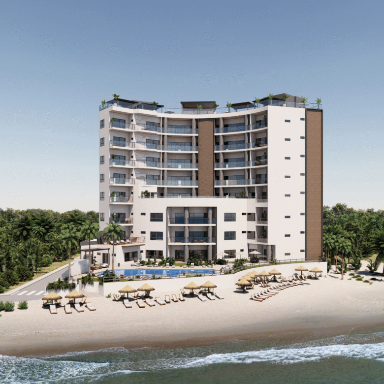 Fachada de departamentos de Bahiban, en venta en Bucerías a pie de playa y preventa