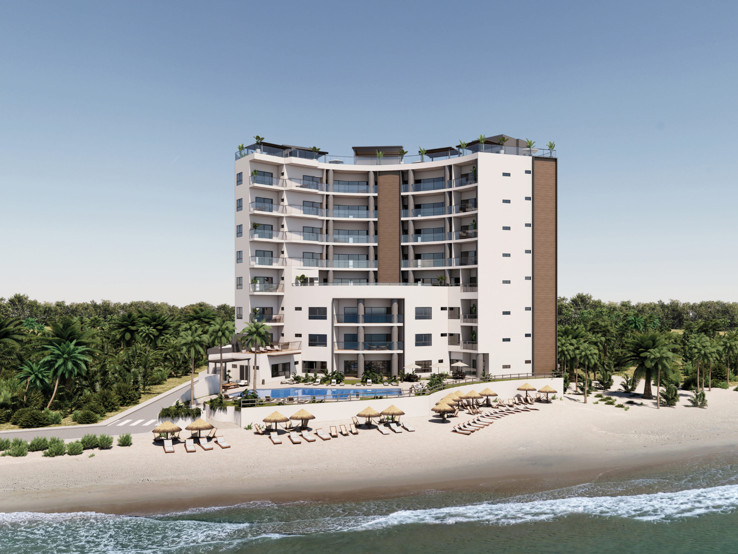 Fachada de departamentos de Bahiban, en venta en Bucerías a pie de playa y preventa