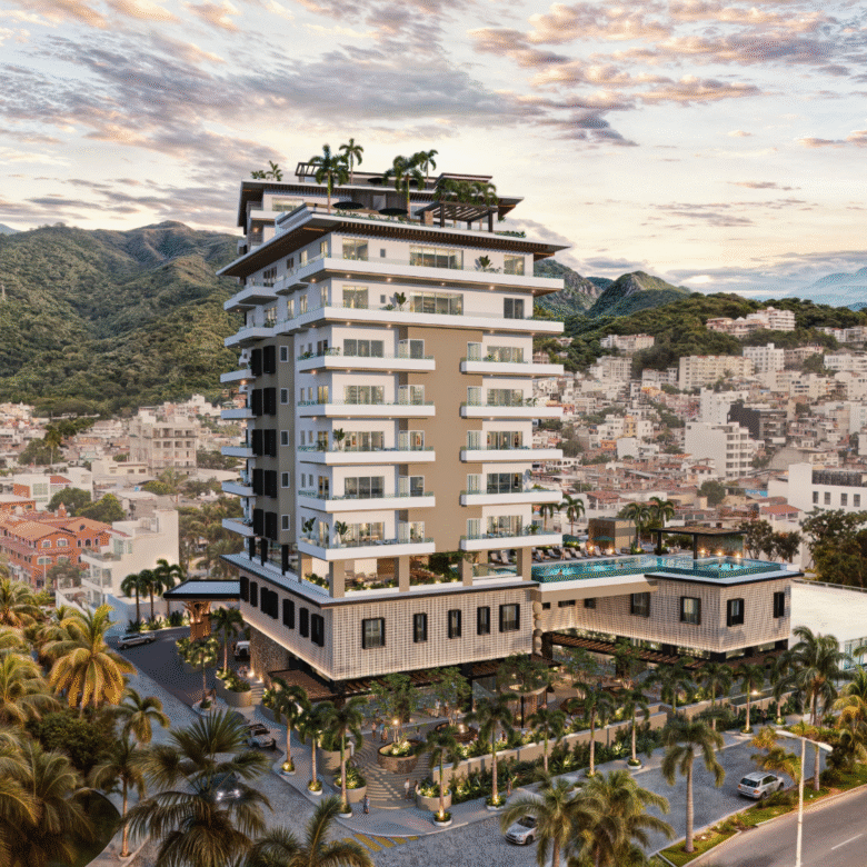Fachadas de V'Boulevard, departamentos de lujo en venta Puerto Vallarta con vista al mar y a unos pasos del centro y del malecón de Puerto Vallarta