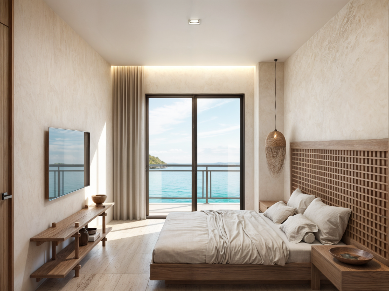 Recámara con vista al mar de Nukma Beachfront Life, un proyecto en preventa con departamentos en venta en La Peñita de Jaltemba.