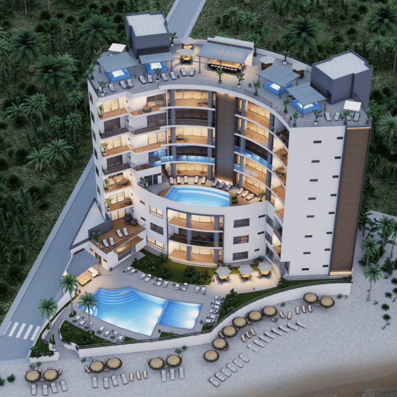 Fachada, acabados de lujos, departamentos de Bahiban, en venta en Bucerías a pie de playa y preventa