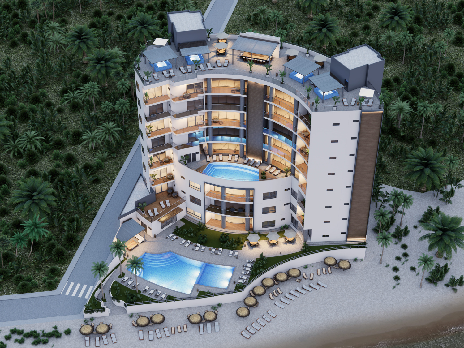 Fachada, acabados de lujos, departamentos de Bahiban, en venta en Bucerías a pie de playa y preventa