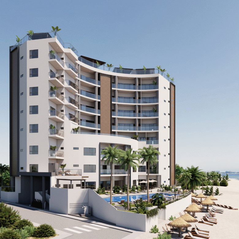 Fachada, acabados de lujos, departamentos de Bahiban, en venta en Bucerías a pie de playa y preventa