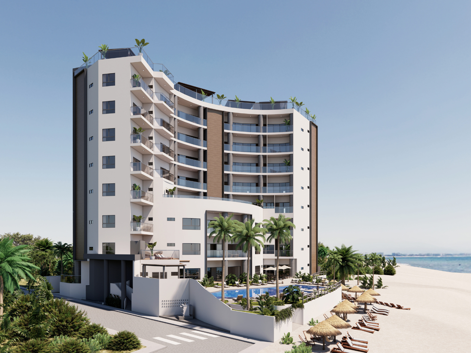 Fachada, acabados de lujos, departamentos de Bahiban, en venta en Bucerías a pie de playa y preventa