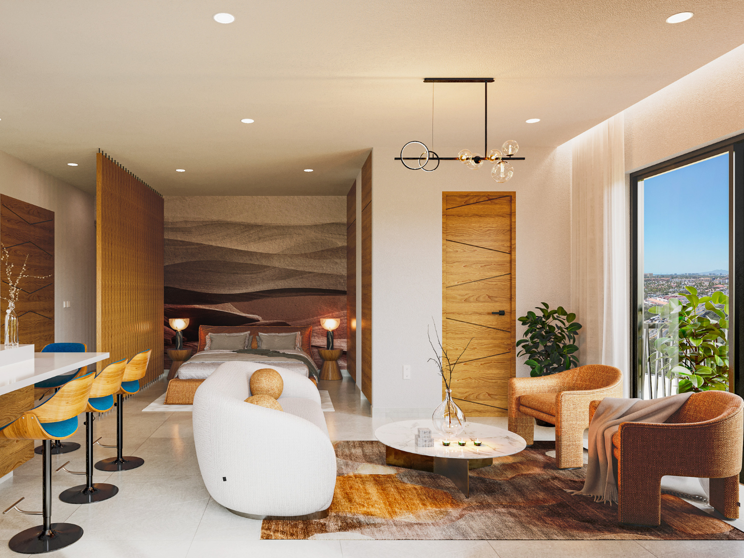 Sala de DUE, departamentos en Puerto Vallarta en venta con vista al mar