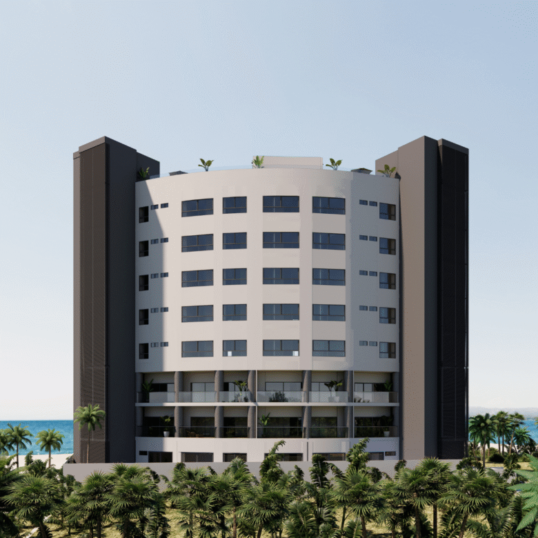 Fachada, acabados de lujos, departamentos de Bahiban, en venta en Bucerías a pie de playa y preventa