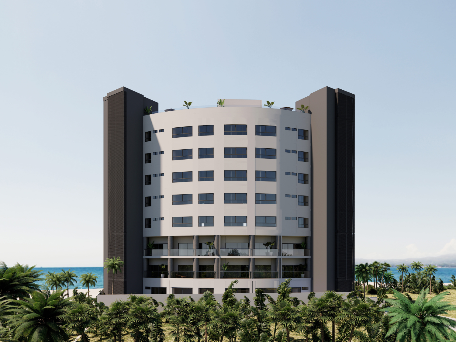 Fachada, acabados de lujos, departamentos de Bahiban, en venta en Bucerías a pie de playa y preventa