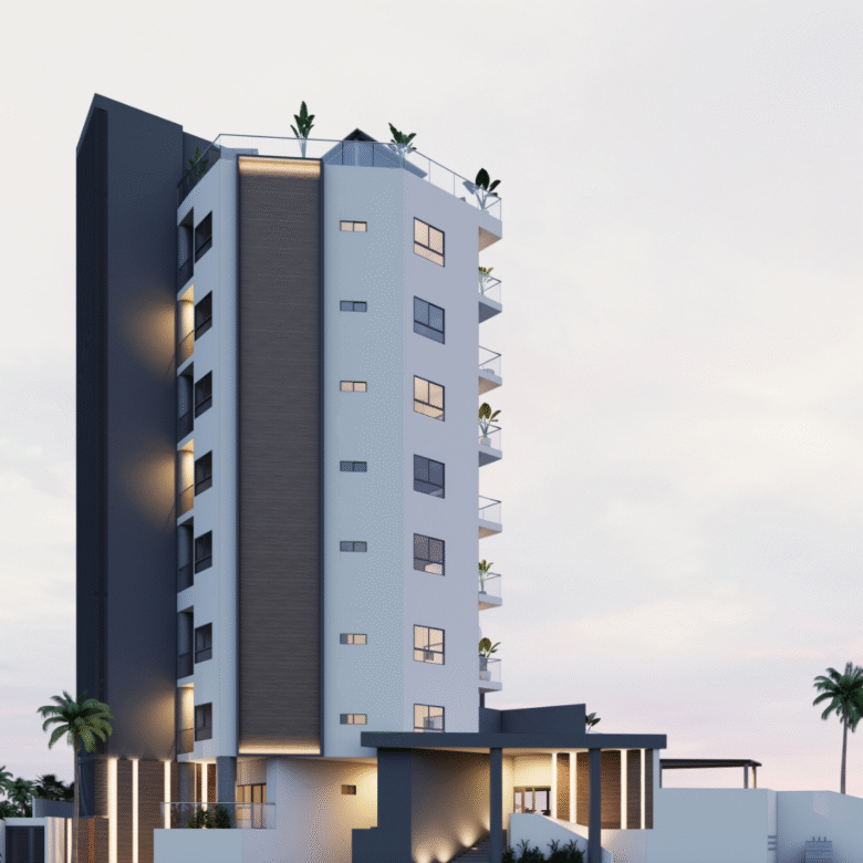 Fachada, acabados de lujos, departamentos de Bahiban, en venta en Bucerías a pie de playa y preventa