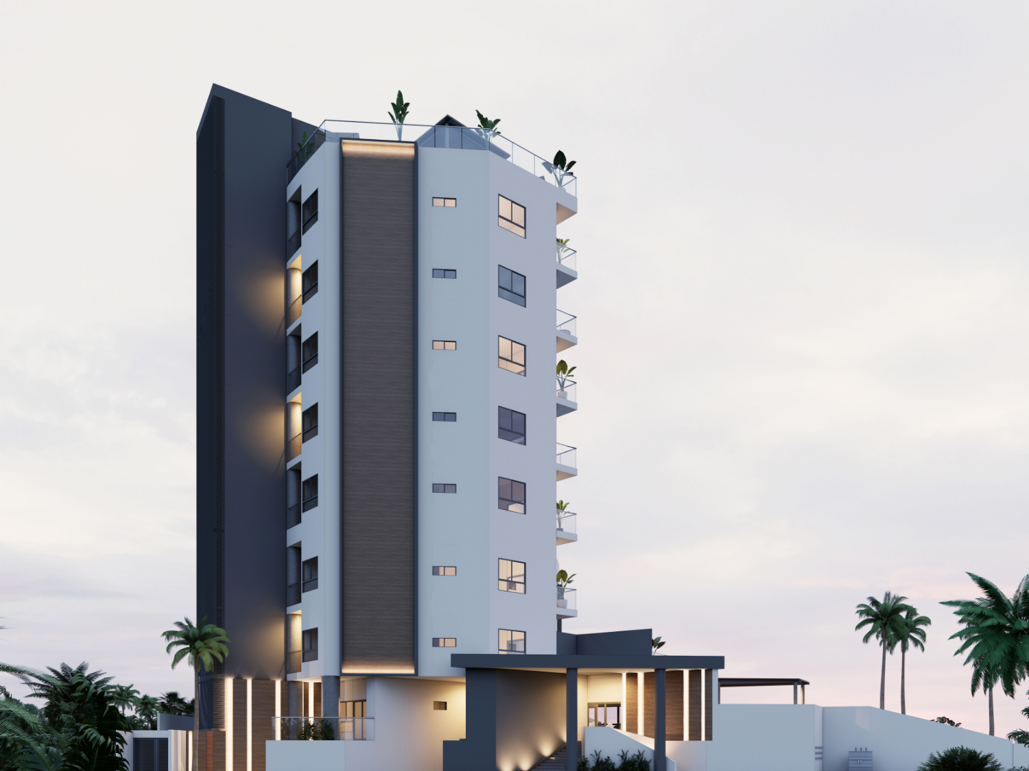 Fachada, acabados de lujos, departamentos de Bahiban, en venta en Bucerías a pie de playa y preventa