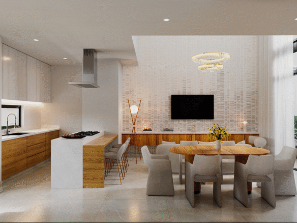 Comedor, cocina y sala de Pineiro - Arvore, casas en preventa en Puerto Vallarta