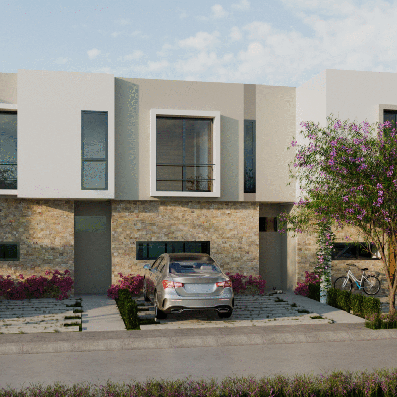 Fachada del modelo Cacau, del proyecto Arvore, casas en venta en Puerto Vallarta