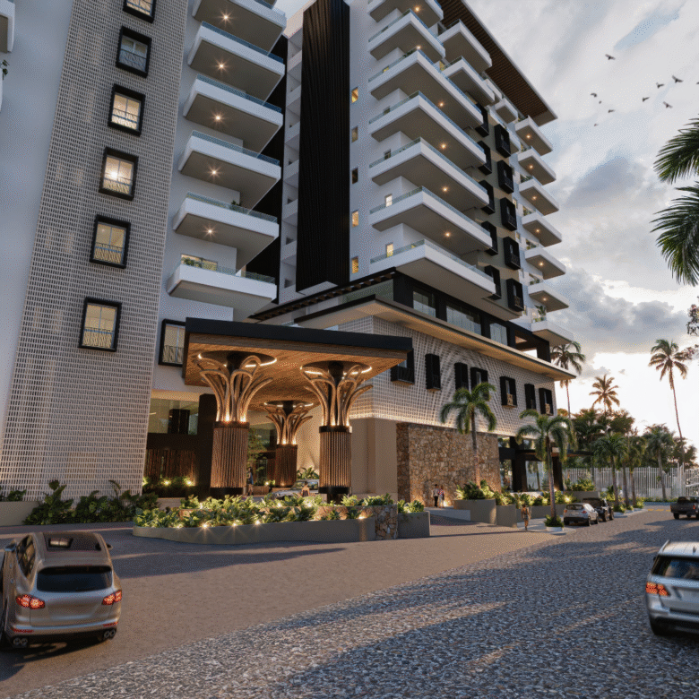 Fachadas de V'Boulevard, departamentos de lujo en venta Puerto Vallarta con vista al mar y a unos pasos del centro y del malecón de Puerto Vallarta
