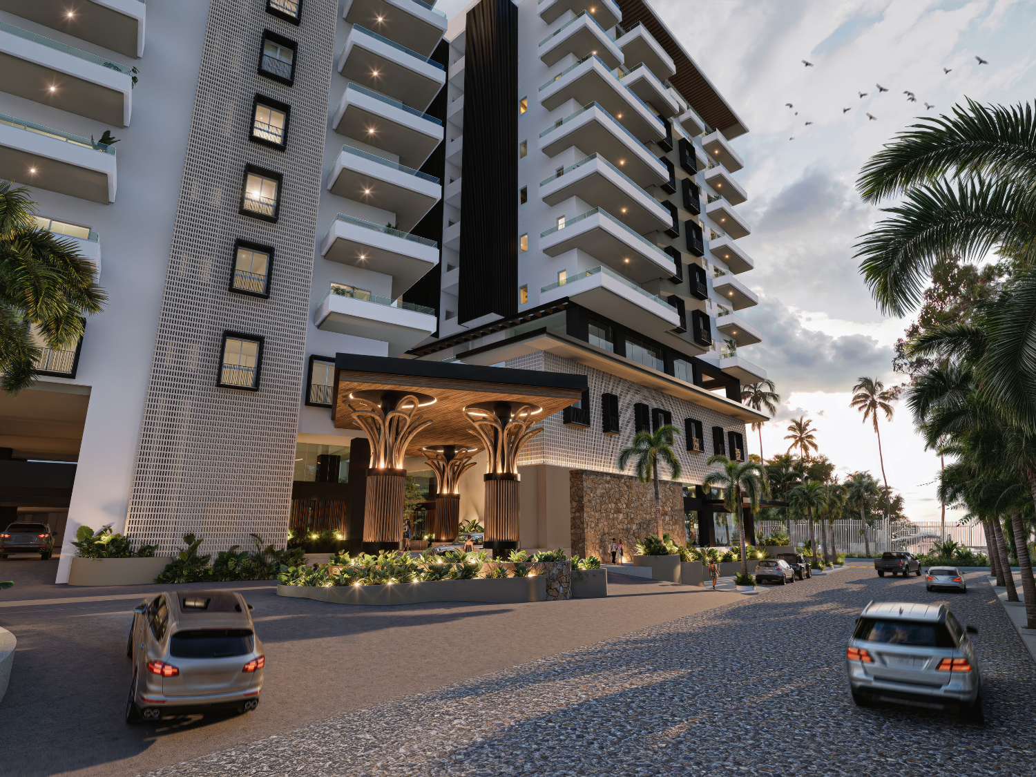 Fachadas de V'Boulevard, departamentos de lujo en venta Puerto Vallarta con vista al mar y a unos pasos del centro y del malecón de Puerto Vallarta