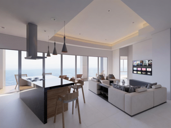 Sala con acabados de lujos, departamentos de Bahiban, en venta en Bucerías a pie de playa y preventa