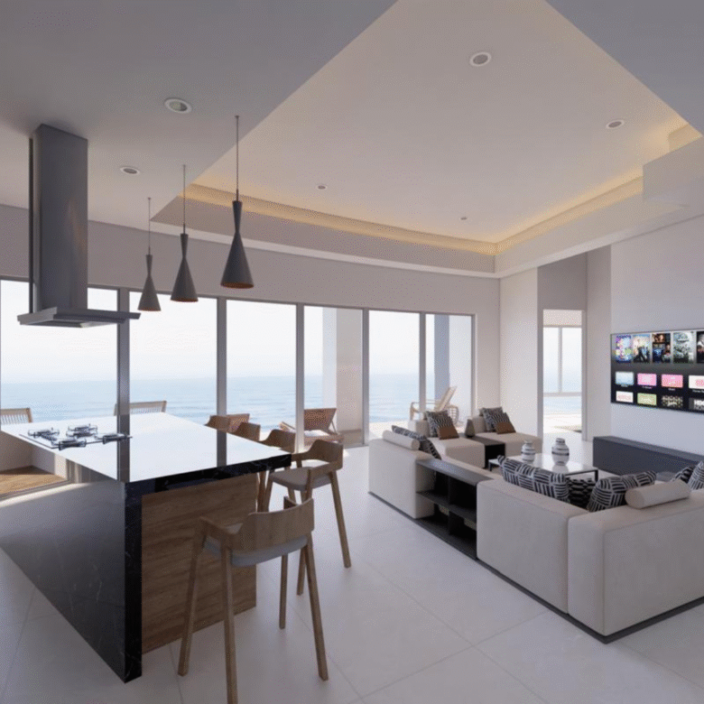 Sala con acabados de lujos, departamentos de Bahiban, en venta en Bucerías a pie de playa y preventa