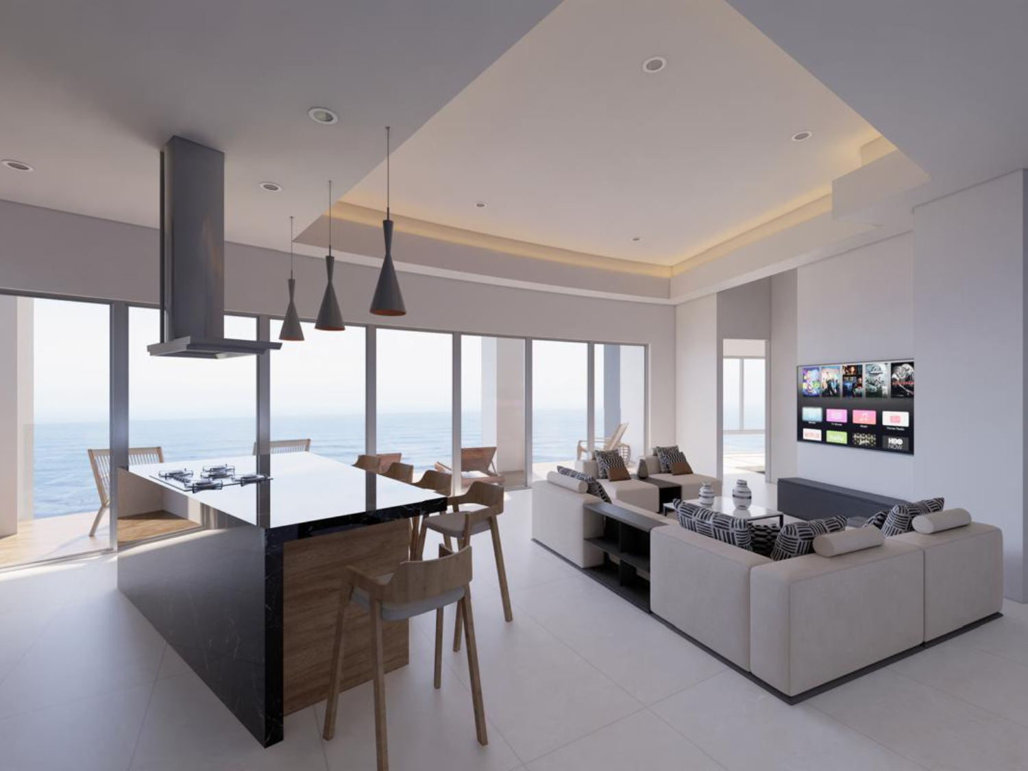 Sala con acabados de lujos, departamentos de Bahiban, en venta en Bucerías a pie de playa y preventa