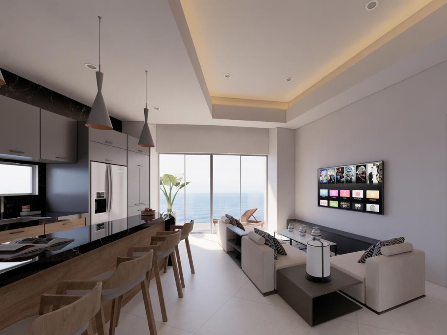 Sala de estar con acabados de lujos, departamentos de Bahiban, en venta en Bucerías a pie de playa y preventa