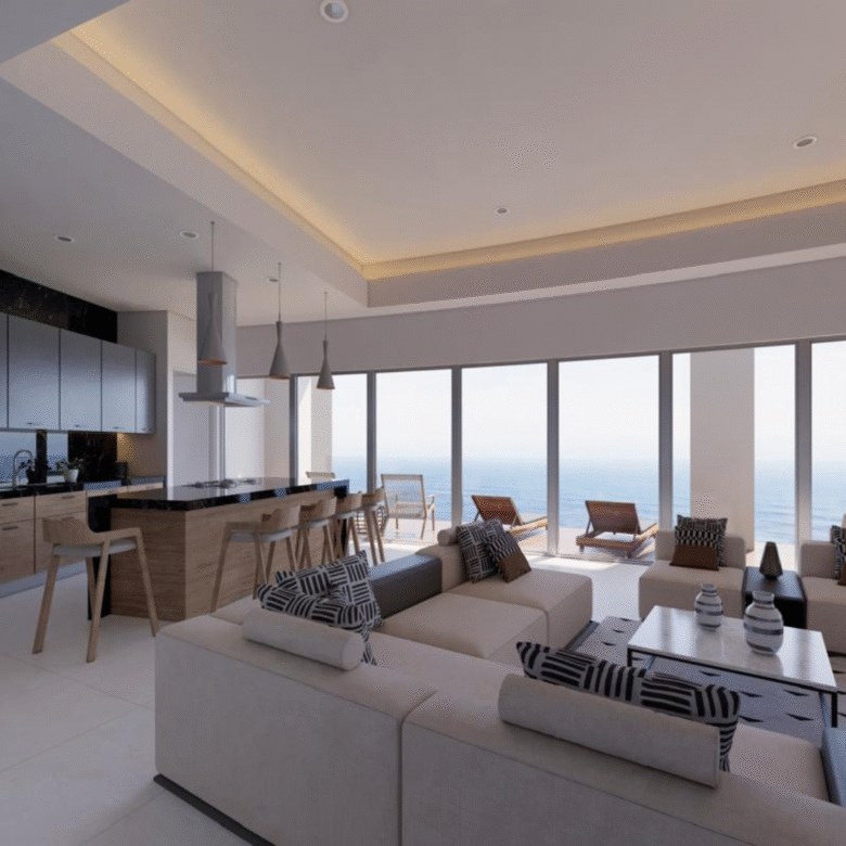 Sala de estar con acabados de lujos, departamentos de Bahiban, en venta en Bucerías a pie de playa y preventa