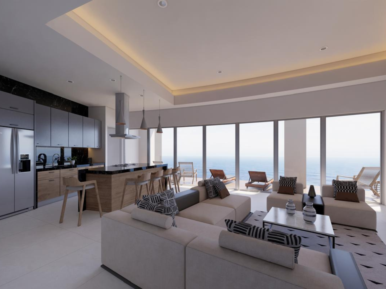 Sala de estar con acabados de lujos, departamentos de Bahiban, en venta en Bucerías a pie de playa y preventa