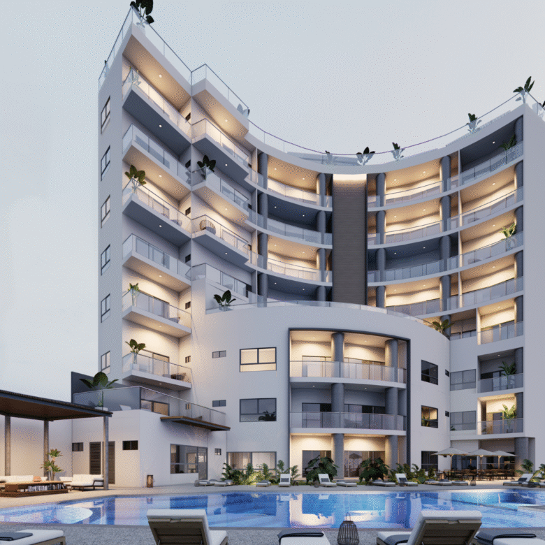 Fachada de departamentos de Bahiban, en venta en Bucerías a pie de playa y preventa