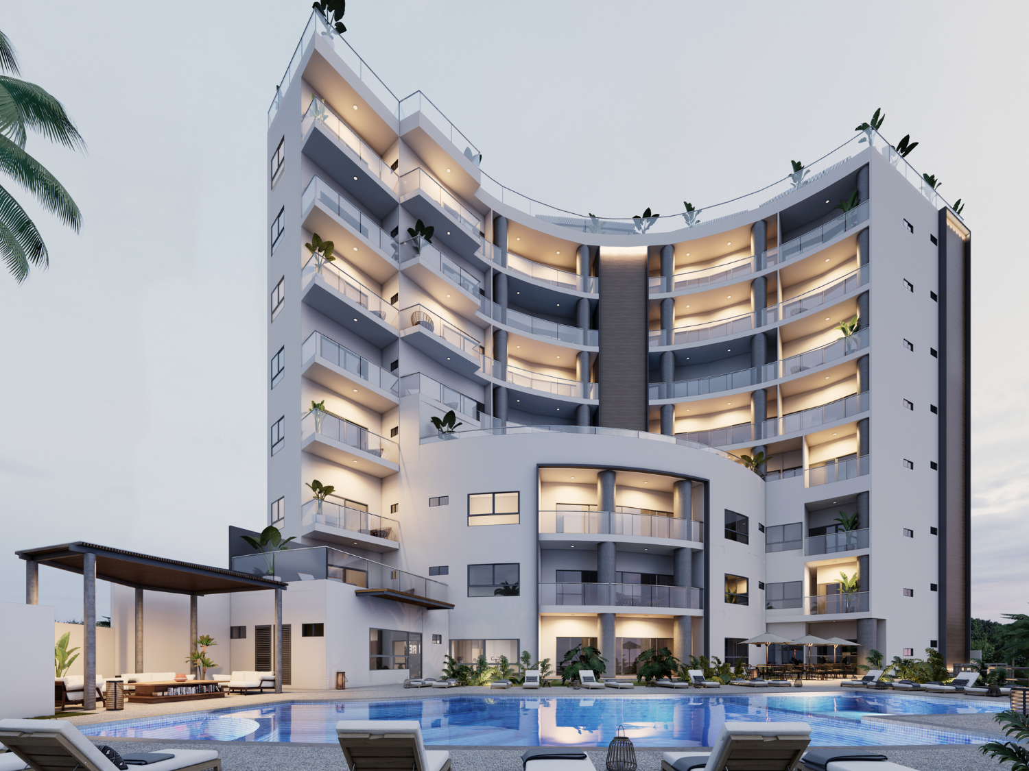 Fachada de departamentos de Bahiban, en venta en Bucerías a pie de playa y preventa