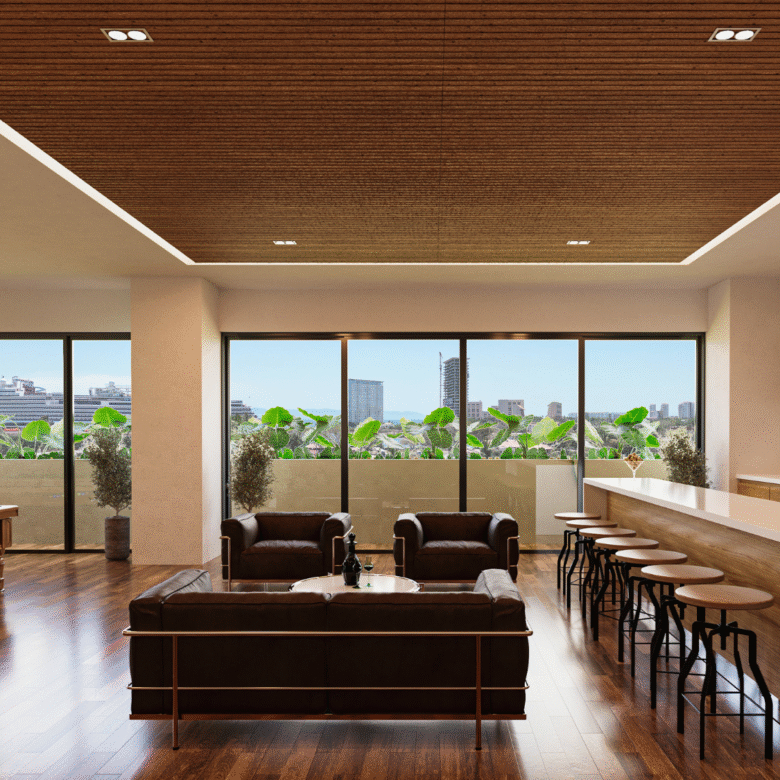 Sala de entretenimiento de DUE, departamentos en Puerto Vallarta en venta con vista al mar