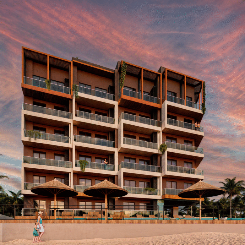 Fachada de Nukma Beachfront Life, un proyecto en preventa con departamentos en venta en La Peñita de Jaltemba.