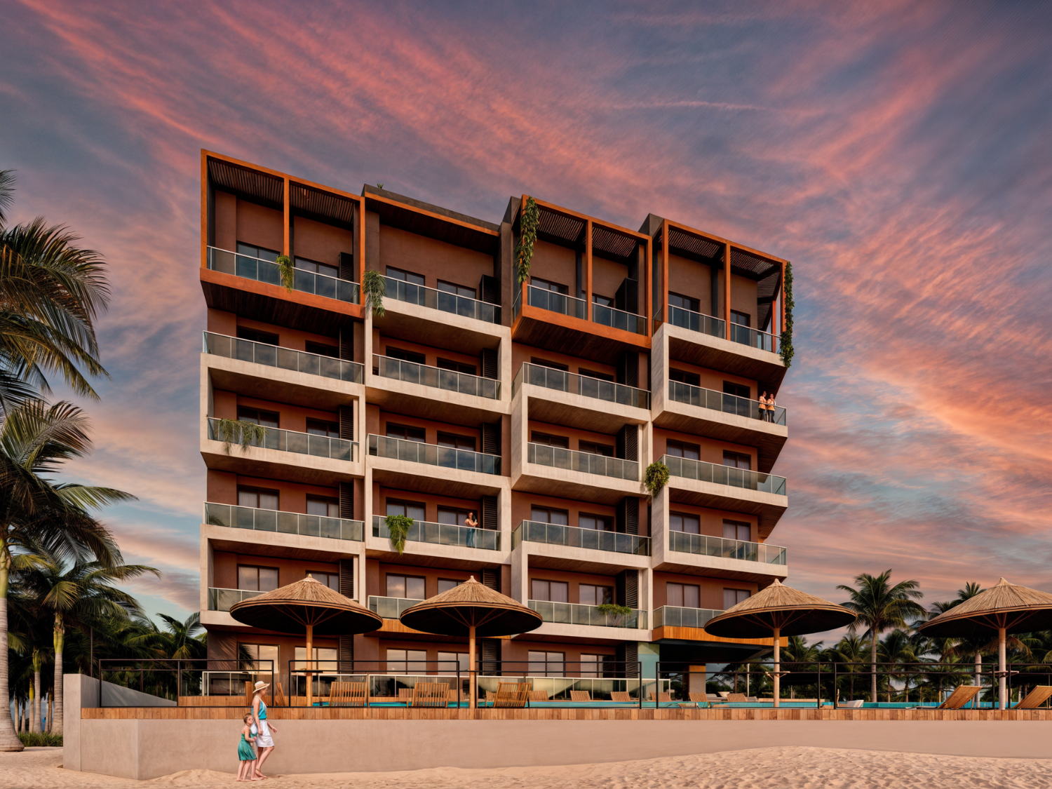 Fachada de Nukma Beachfront Life, un proyecto en preventa con departamentos en venta en La Peñita de Jaltemba.
