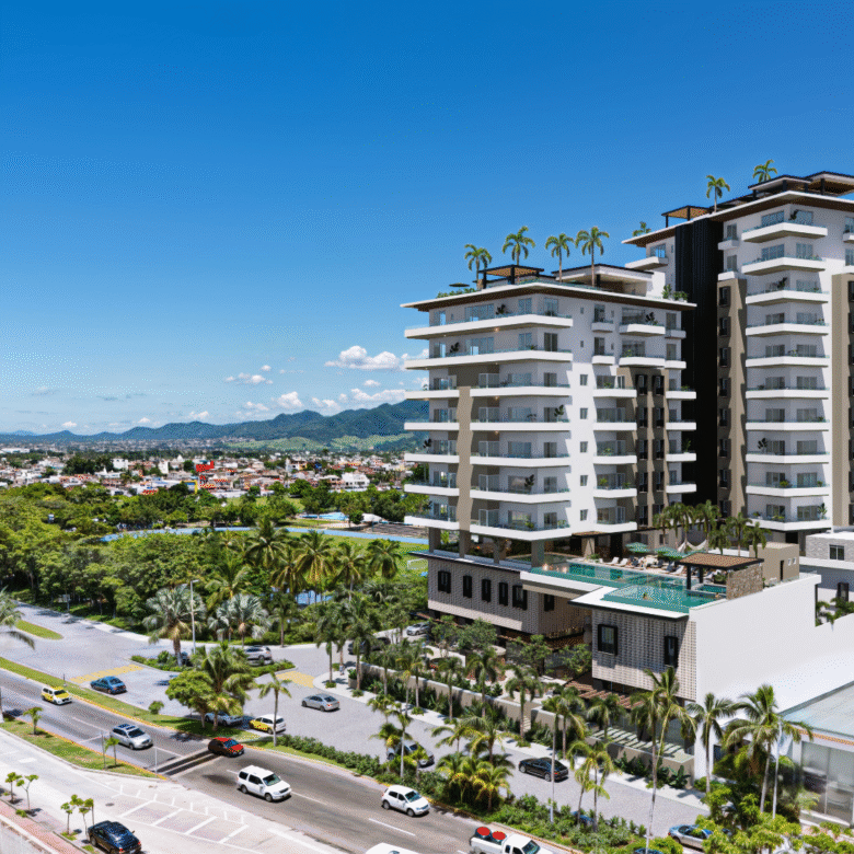 Vista área de la fachada V'Boulevard, departamentos de lujo en venta Puerto Vallarta con vista al mar