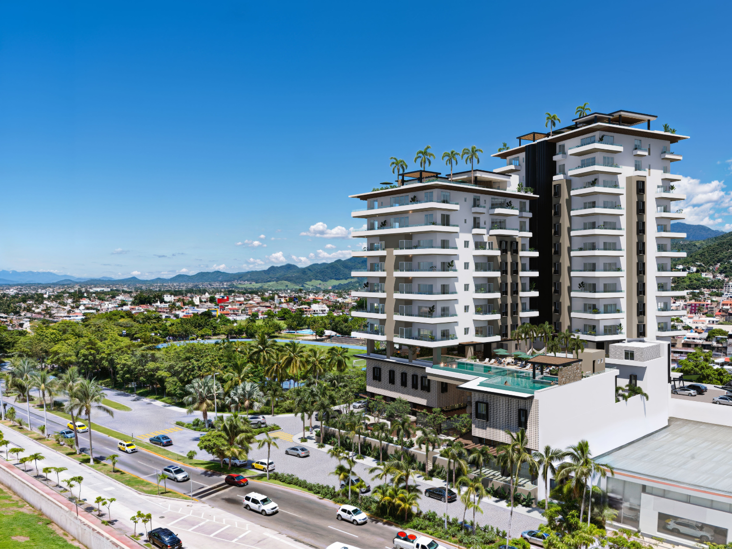Vista área de la fachada V'Boulevard, departamentos de lujo en venta Puerto Vallarta con vista al mar