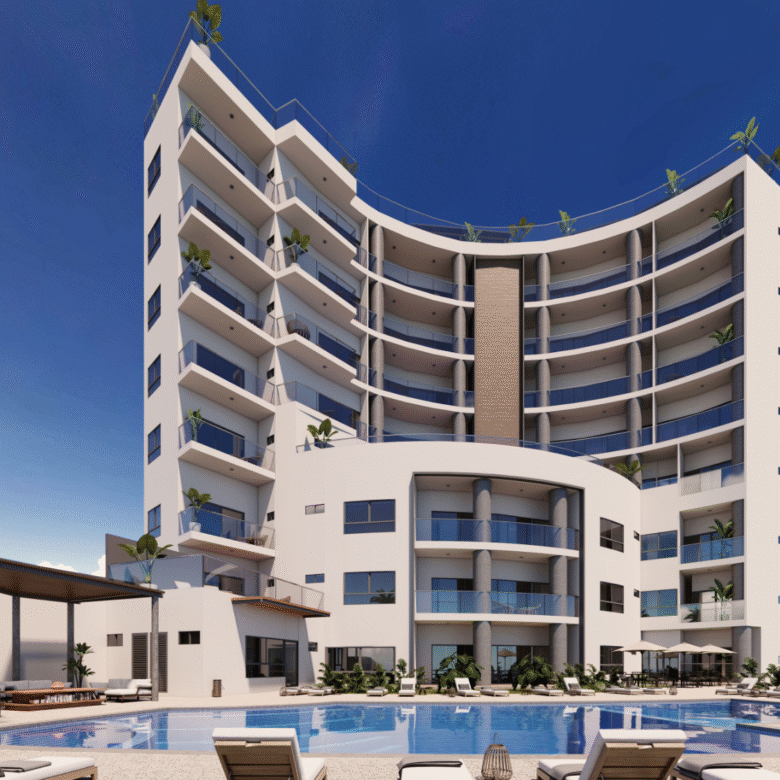 Fachada de departamentos de Bahiban, en venta en Bucerías a pie de playa y preventa