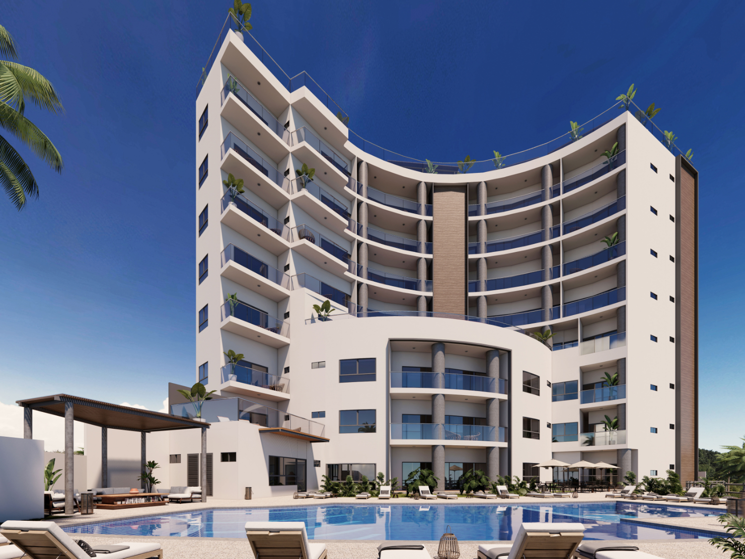 Fachada de departamentos de Bahiban, en venta en Bucerías a pie de playa y preventa