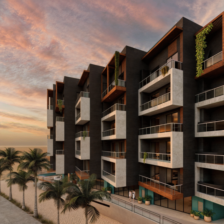Fachada de Nukma Beachfront Life, un proyecto en preventa con departamentos en venta en La Peñita de Jaltemba.
