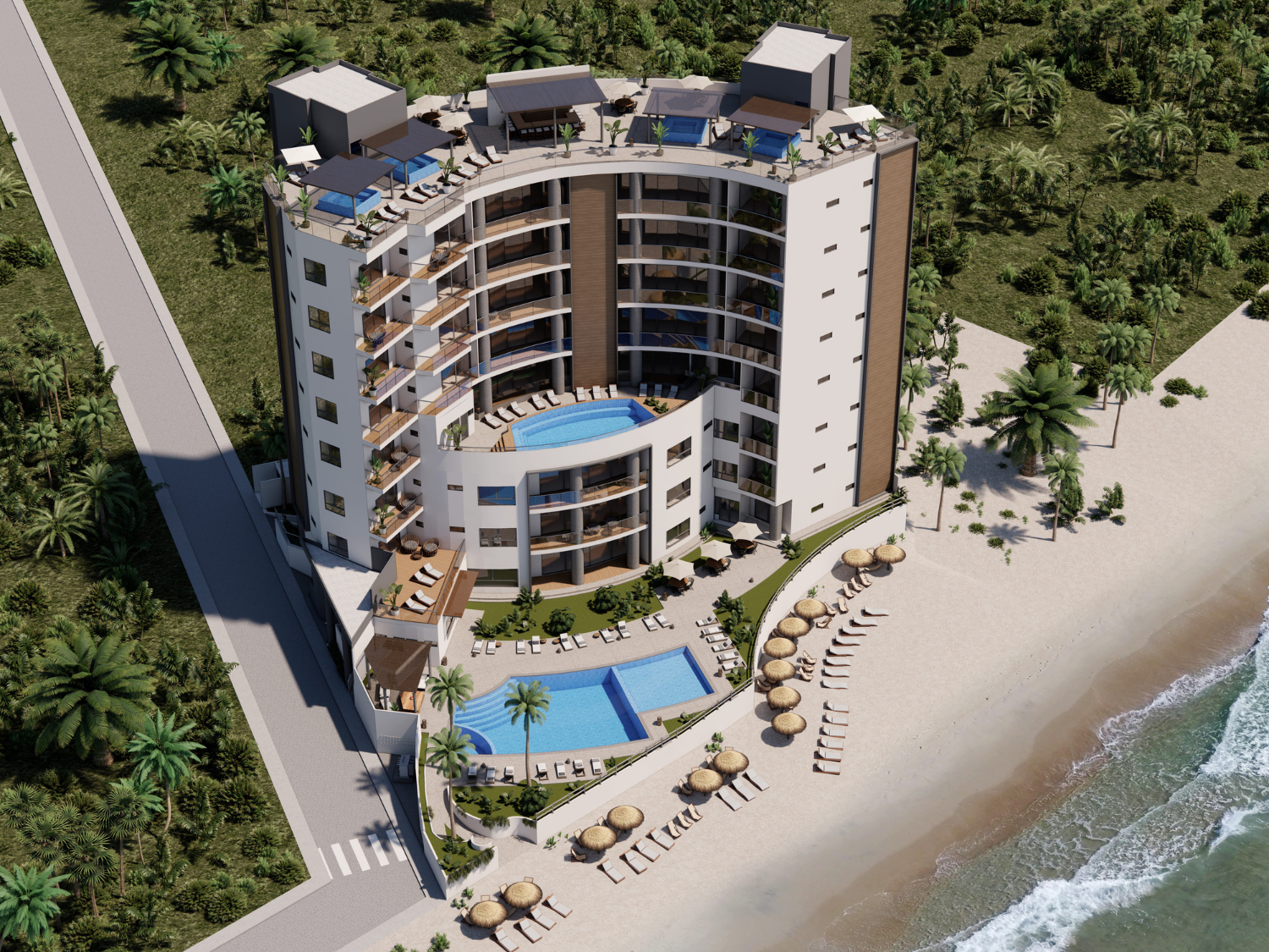 Vista área y fachada de departamentos de Bahiban, en venta en Bucerías a pie de playa y preventa