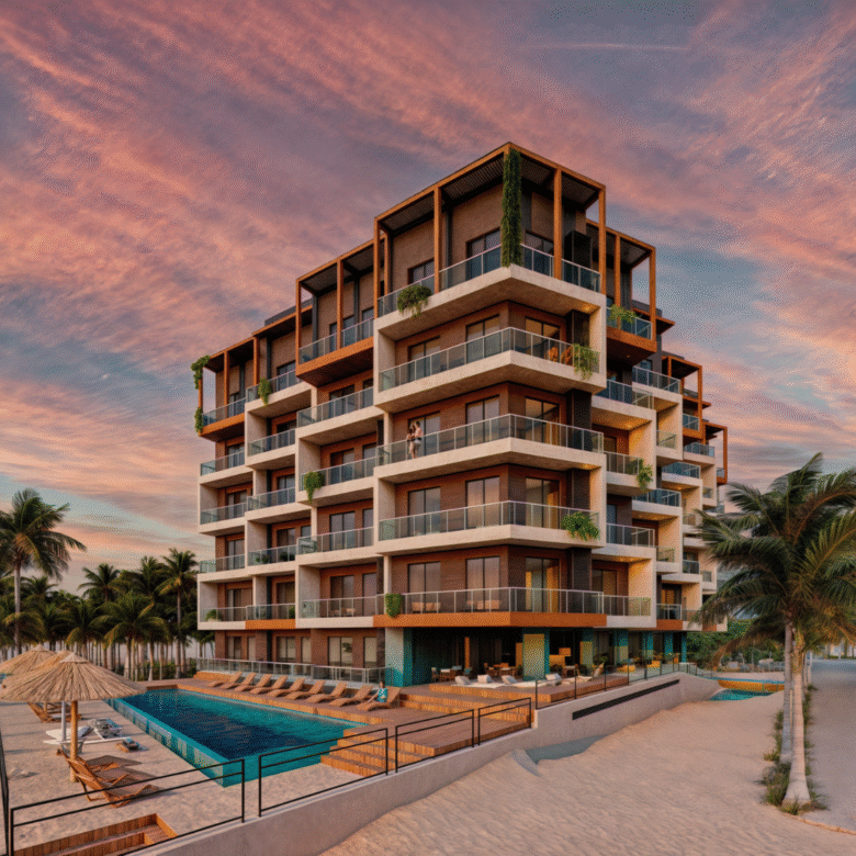 Fachada de Nukma Beachfront Life, un proyecto en preventa con departamentos en venta en La Peñita de Jaltemba.