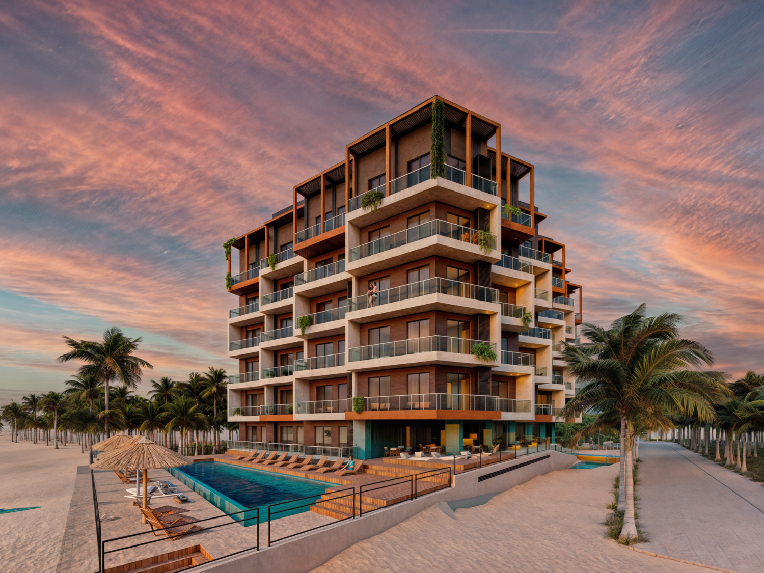 Fachada de Nukma Beachfront Life, un proyecto en preventa con departamentos en venta en La Peñita de Jaltemba.