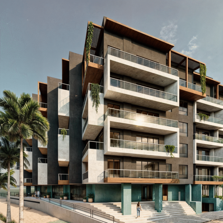 Fachada de Nukma Beachfront Life, un proyecto en preventa con departamentos en venta en La Peñita de Jaltemba.