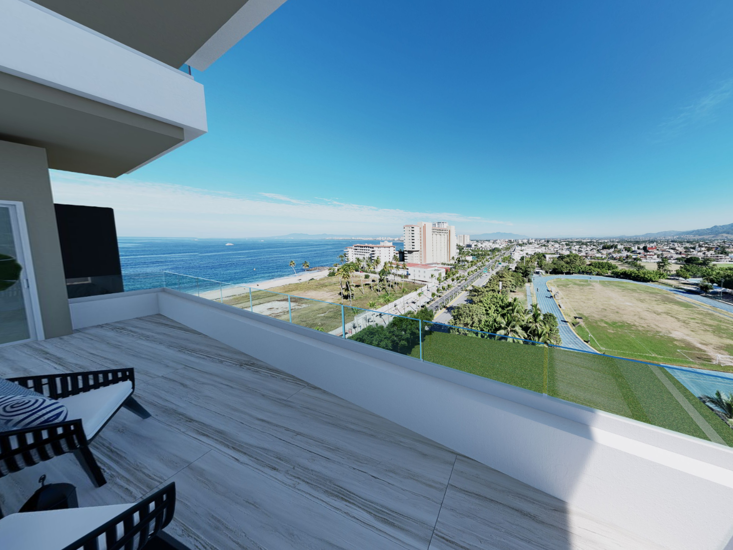 Vista de la unidad de la torre A de V'Boulevard con vista al mar y al estadio de Puerto Vallarta