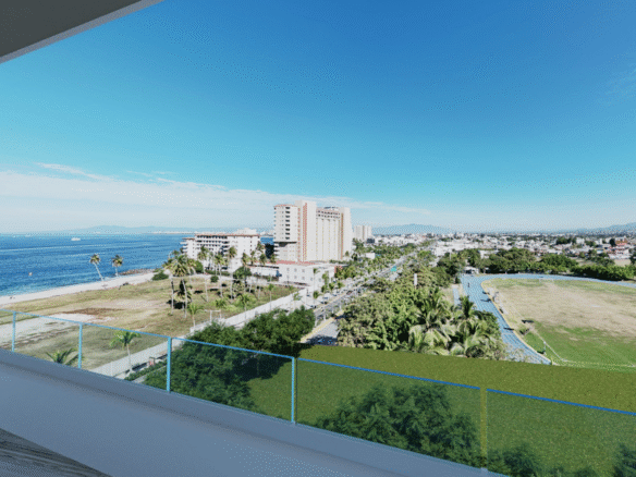 Vista de la unidad de la torre A de V'Boulevard con vista al mar y al estadio de Puerto Vallarta