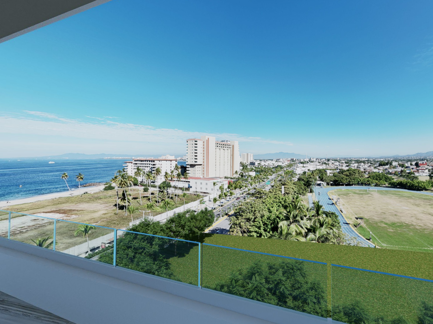 Vista de la unidad de la torre A de V'Boulevard con vista al mar y al estadio de Puerto Vallarta