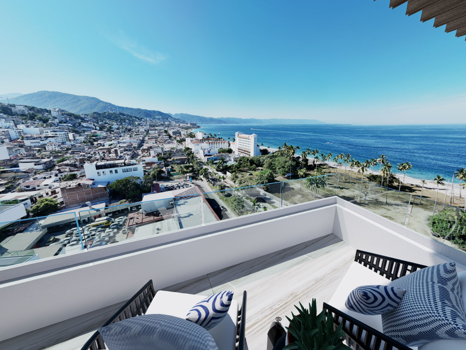 Vista de la unidad Penthouse de la torre A de V'Boulevard con vista al mar y al centro de Puerto Vallarta