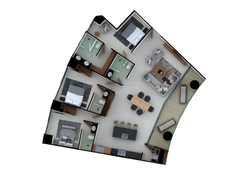 Plano del departamento de 3 recámaras de Bahiban Bucerias, departamentos en venta en la playa, a pie de mar y con vista al mar.