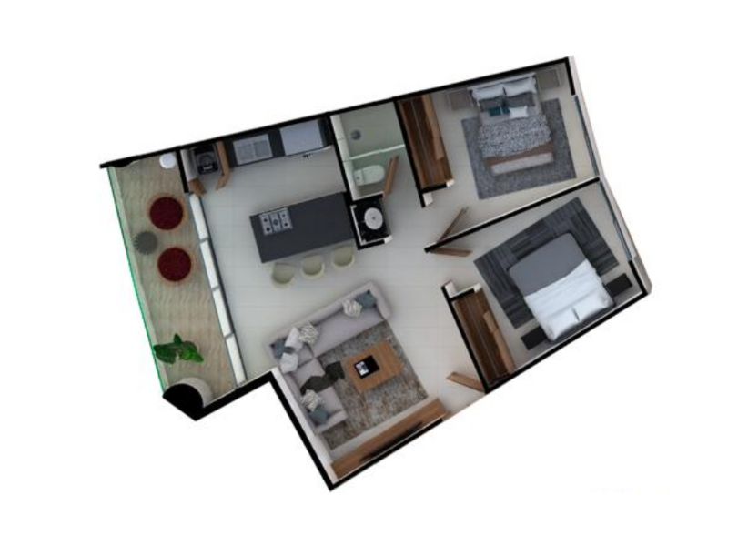 Plano del departamento de 3 recámaras de Bahiban Bucerias, departamentos en venta en la playa, a pie de mar y con vista a la ciudad